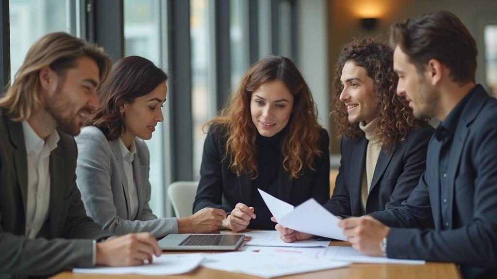 Команда маркетологов обсуждает результаты анализа контента за столом с документами