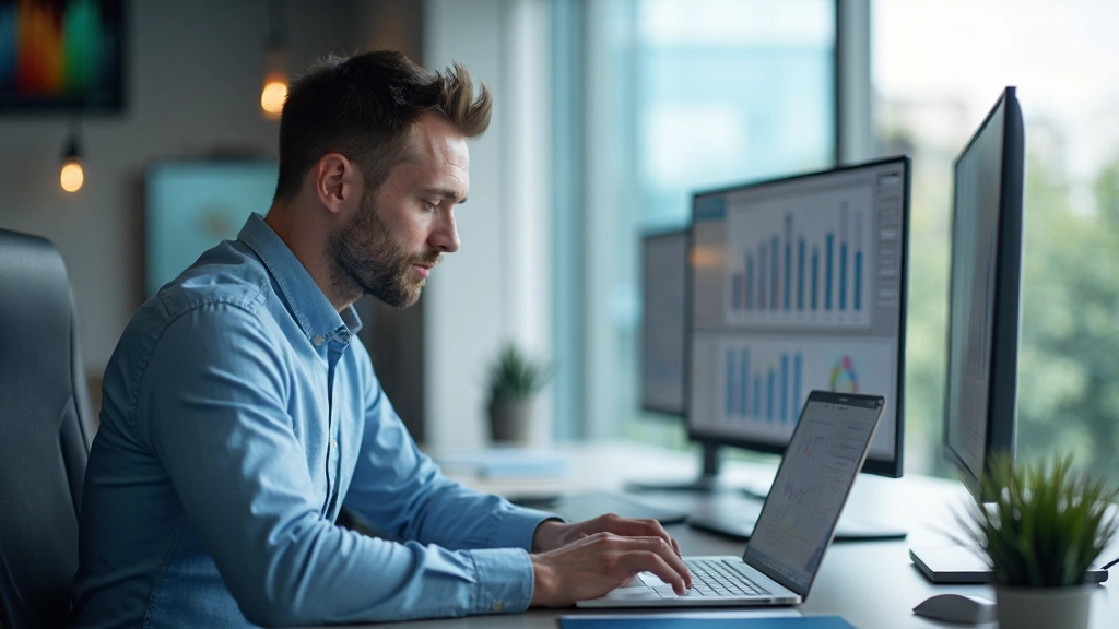 Профессиональный аналитик работает с графиками данных на компьютере в современном офисе