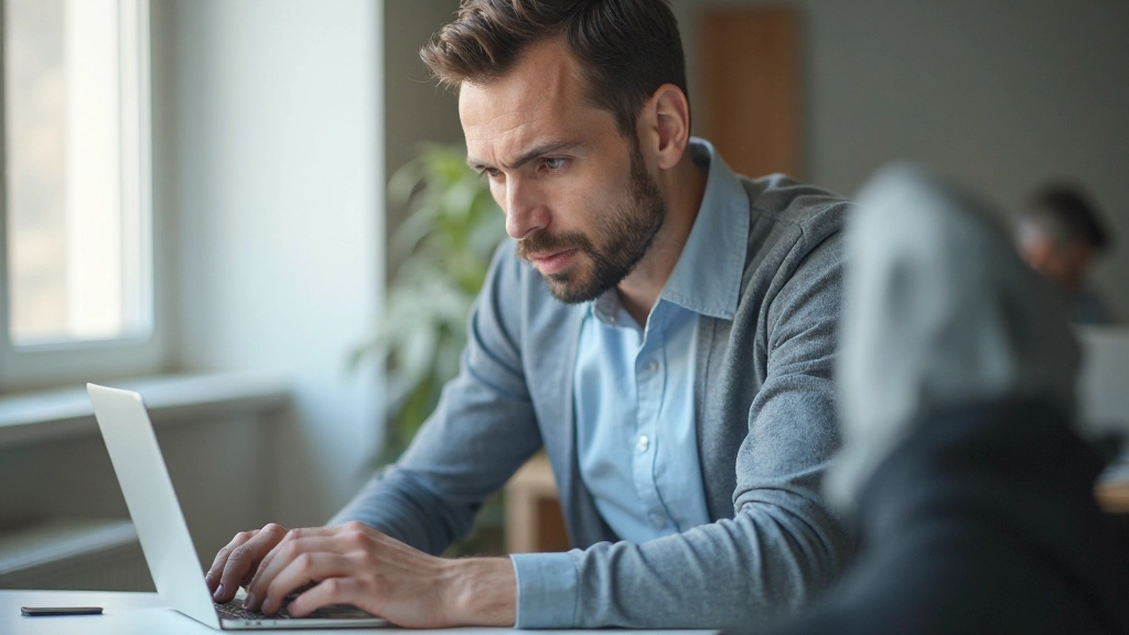 Специалист по SEO оптимизации работает на компьютере