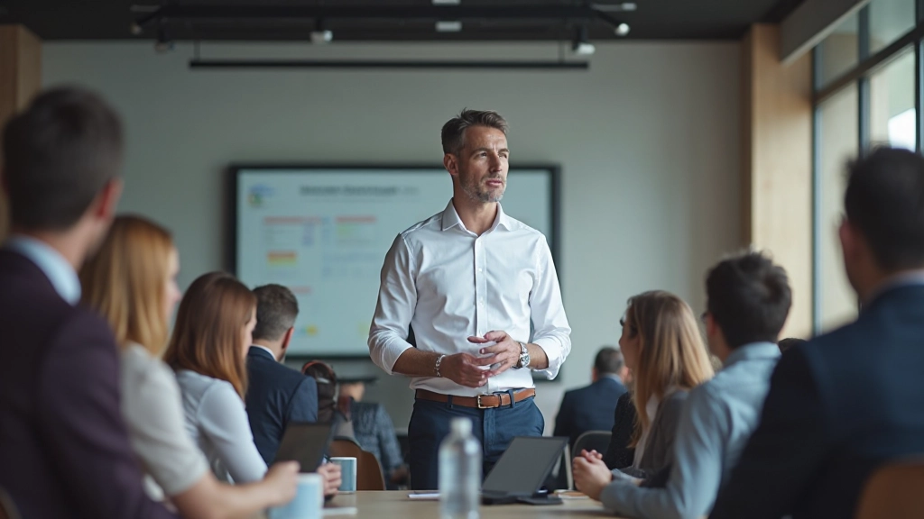 Специалист по маркетингу проводит интерактивную сессию с аудиторией в конференц-зале