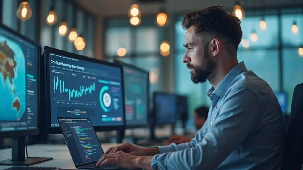 Профессиональная фотография специалиста SEO, анализирующего данные на компьютере с графиками видимости